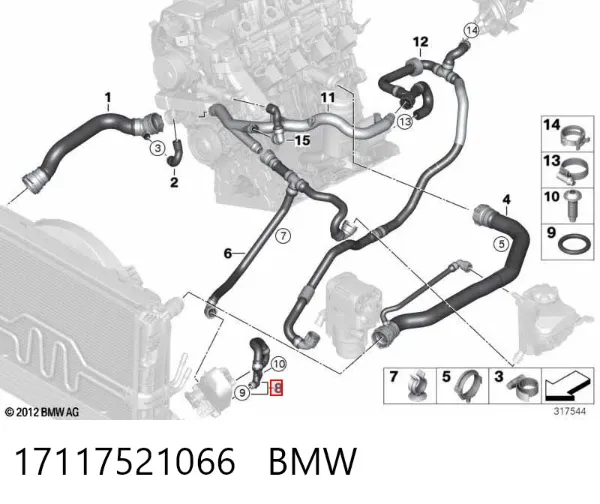 Mangueira (cano derivado) inferior do radiador de esfriamento 17117521066 BMW