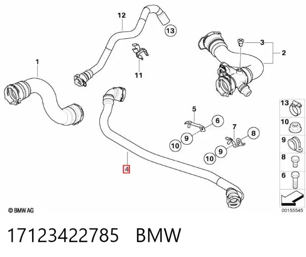 Mangueira (cano derivado) do radiador de esfriamento superior 17123422785 BMW