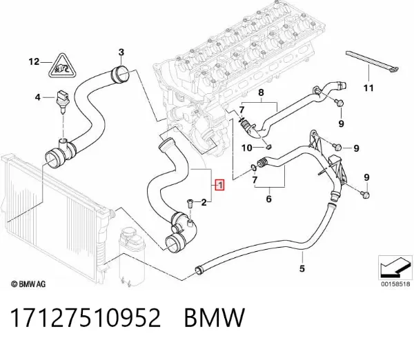 Mangueira (cano derivado) do radiador de esfriamento superior 17127510952 BMW