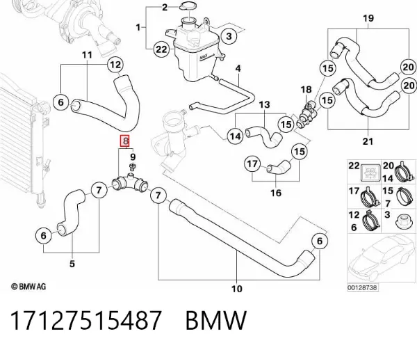 Mangueira (cano derivado) inferior do radiador de esfriamento 17127515487 BMW