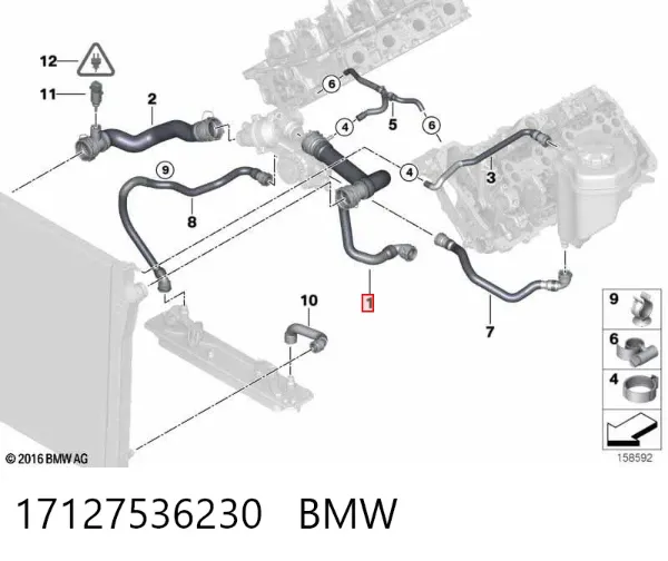 Mangueira (cano derivado) do radiador de esfriamento superior 17127536230 BMW
