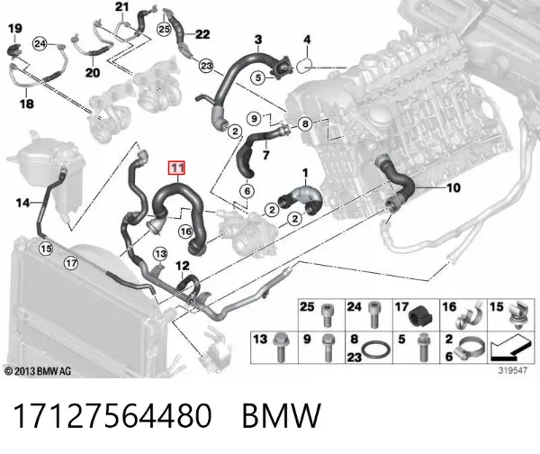 Mangueira (cano derivado) inferior do radiador de esfriamento 17127564480 BMW
