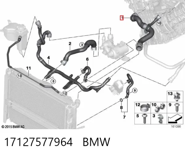 Mangueira (cano derivado) do radiador de esfriamento superior 17127577964 BMW