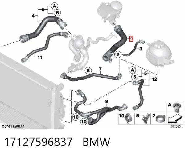 Mangueira (cano derivado) do radiador de esfriamento superior 17127596837 BMW