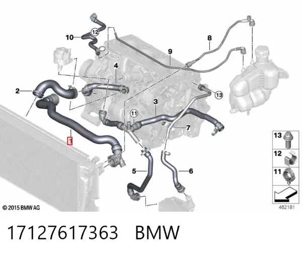 Mangueira (cano derivado) do radiador de esfriamento superior 17127617363 BMW