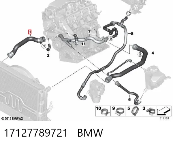 Mangueira (cano derivado) inferior do radiador de esfriamento 17127789721 BMW