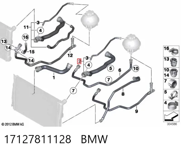 Mangueira (cano derivado) do radiador de esfriamento superior 17127811128 BMW