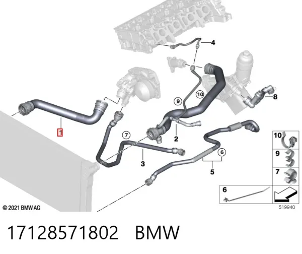 Mangueira (cano derivado) inferior do radiador de esfriamento 17128571802 BMW