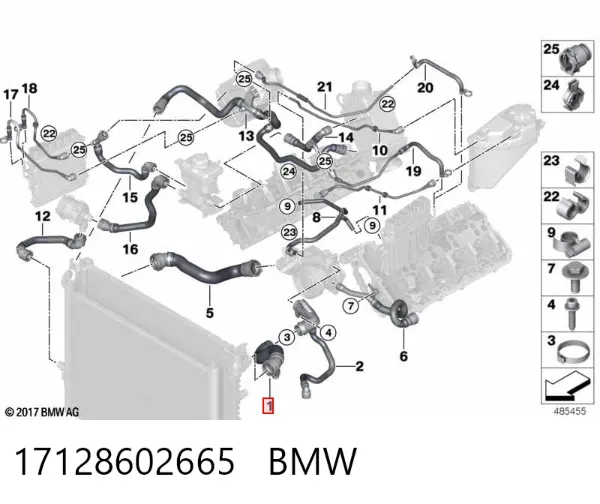 Mangueira (cano derivado) do radiador de esfriamento superior 17128602665 BMW