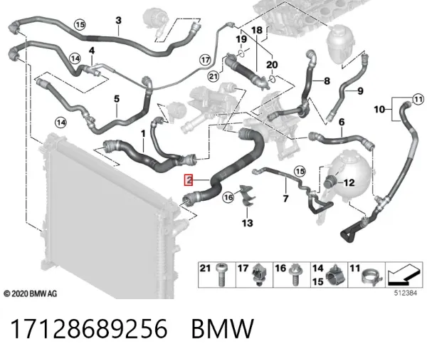 Mangueira (cano derivado) do radiador de esfriamento superior 17128689256 BMW