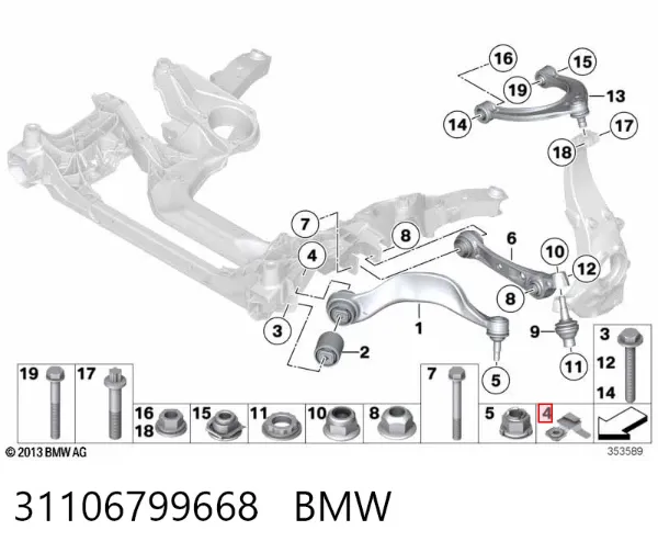 Porca de parafuso de fixação de braço oscilante dianteiro inferior 31106799668 BMW