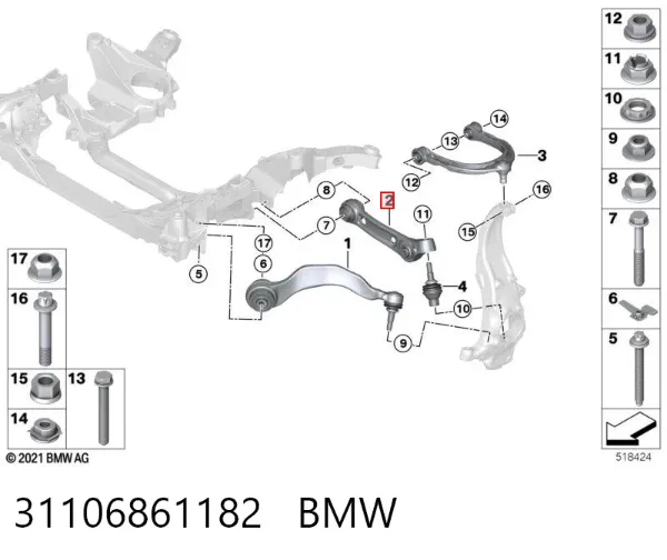 Braço oscilante inferior direito de suspensão dianteira 31106861182 BMW