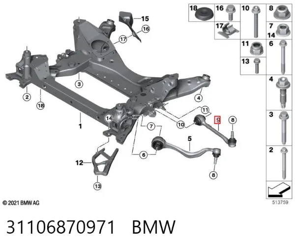 Braço oscilante inferior esquerdo de suspensão dianteira 31106870971 BMW