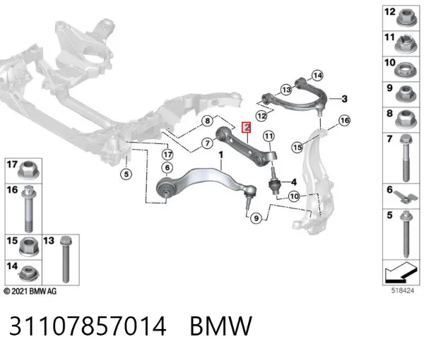 Braço oscilante inferior direito de suspensão dianteira 31107857014 BMW