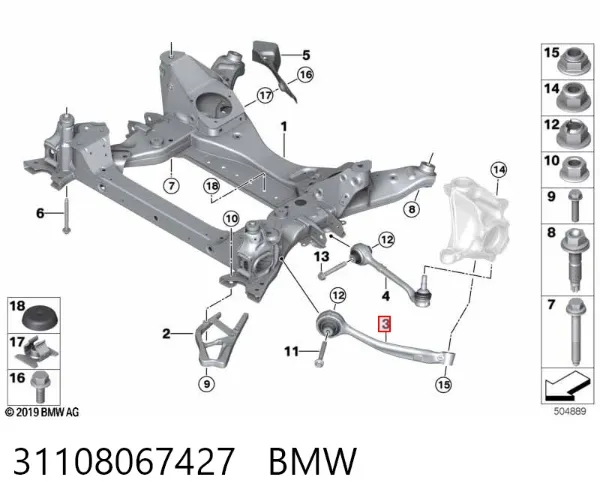 Braço oscilante inferior esquerdo de suspensão dianteira 31108067427 BMW