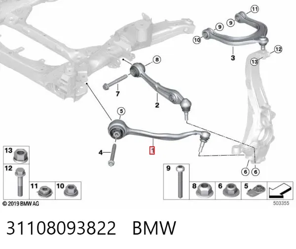 Braço oscilante inferior direito de suspensão dianteira 31108093822 BMW