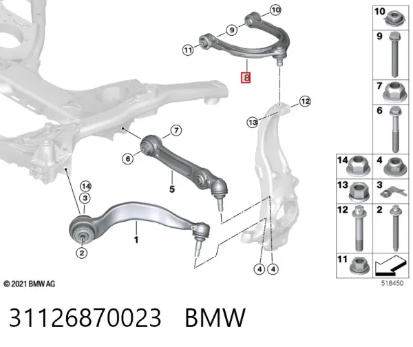 Braço oscilante superior esquerdo/direito de suspensão dianteira 31126870023 BMW