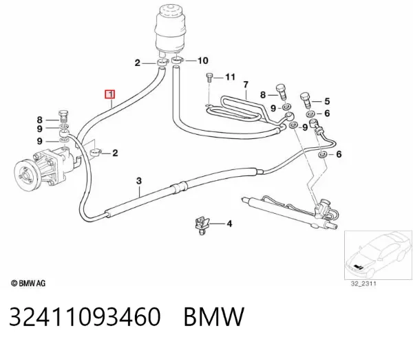 Mangueira da Direção hidrâulica assistida de pressão baixa, desde o tanque até a bomba 32411093460 BMW
