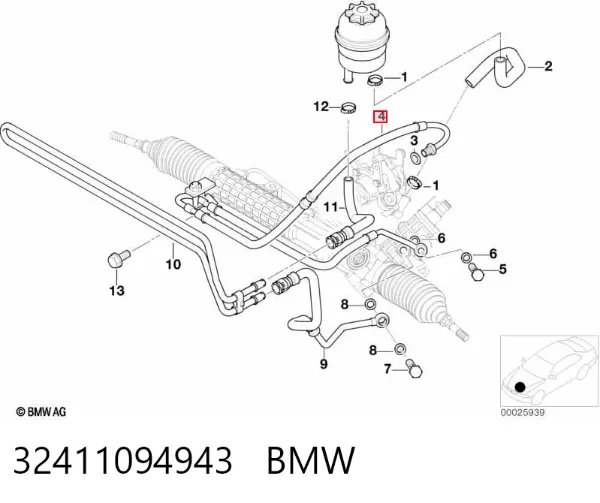 Mangueira da Direção hidrâulica assistida de pressão alta desde a bomba até a régua (do mecanismo) 32411094943 BMW