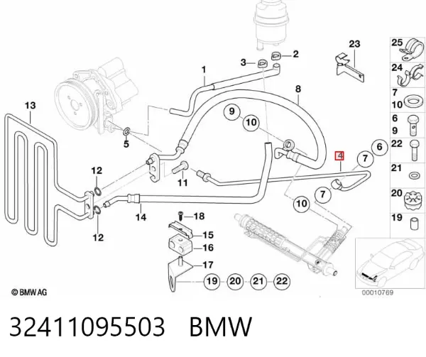 Mangueira da Direção hidrâulica assistida de pressão alta desde a bomba até a régua (do mecanismo) 32411095503 BMW