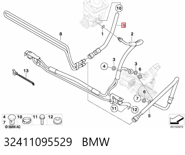Mangueira da Direção hidrâulica assistida de pressão baixa, desde a cremalheira (do mecanismo) até o tanque 32411095529 BMW