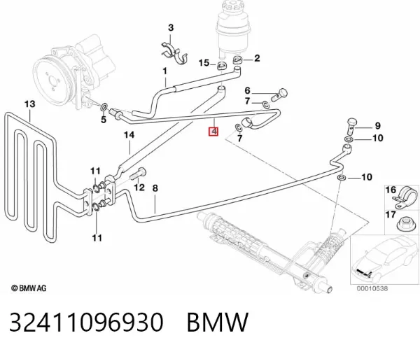 Mangueira da Direção hidrâulica assistida de pressão alta desde a bomba até a régua (do mecanismo) 32411096930 BMW
