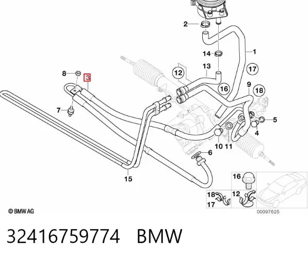 Mangueira da Direção hidrâulica assistida de pressão alta desde a bomba até a régua (do mecanismo) 32416759774 BMW