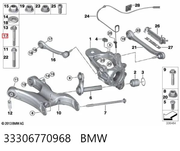Parafuso de fixação do braço oscilante superior traseiro, interno 33306770968 BMW