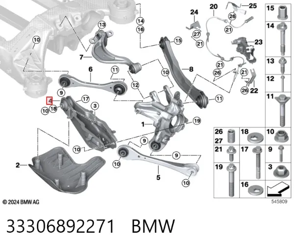 Braço oscilante inferior esquerdo de suspensão traseira/direita 33306892271 BMW