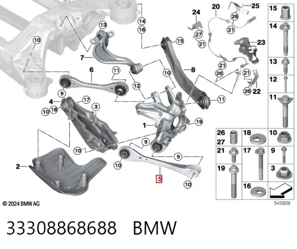 Braço oscilante (tração) longitudinal inferior esquerdo/direito de suspensão traseira 33308868688 BMW