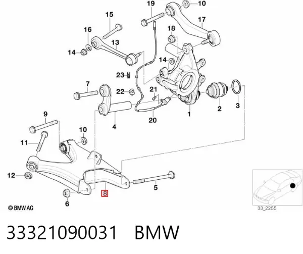 Braço oscilante inferior esquerdo de suspensão traseira 33321090031 BMW