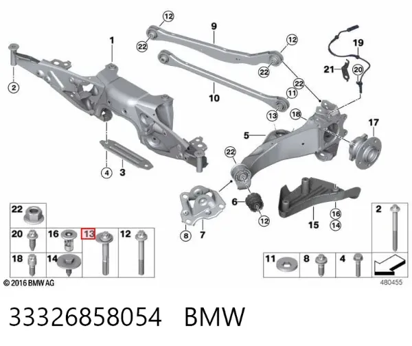 Parafuso de fixação do braço oscilante inferior traseiro, interno 33326858054 BMW