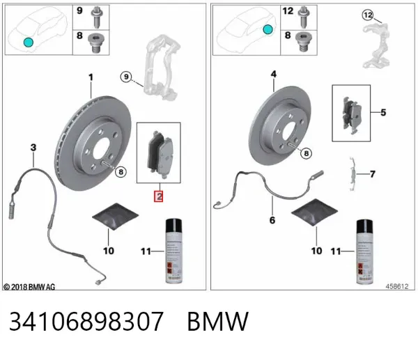 Sapatas do freio dianteiras de disco 34106898307 BMW