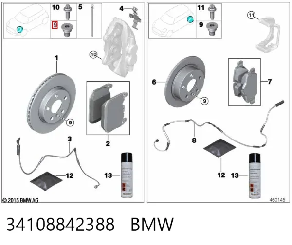 Sapatas do freio dianteiras de disco 34108842388 BMW