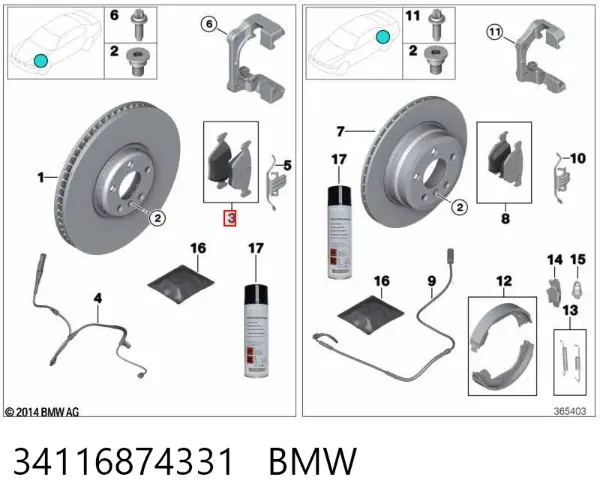 Sapatas do freio dianteiras de disco 34116874331 BMW