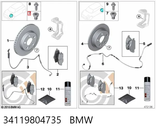 Sapatas do freio dianteiras de disco 34119804735 BMW