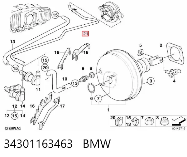 Tubo de impulsionador de vácuo dos freios 34301163463 BMW