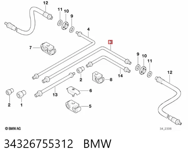 Tubo do freio traseiro esquerdo 34326755312 BMW