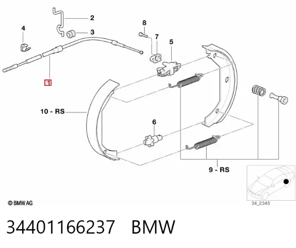 Cabo do freio de estacionamento traseiro direito 34401166237 BMW