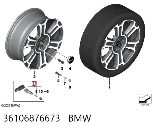 Fixação de sensor de pressão de ar nos pneus 36106876673 BMW