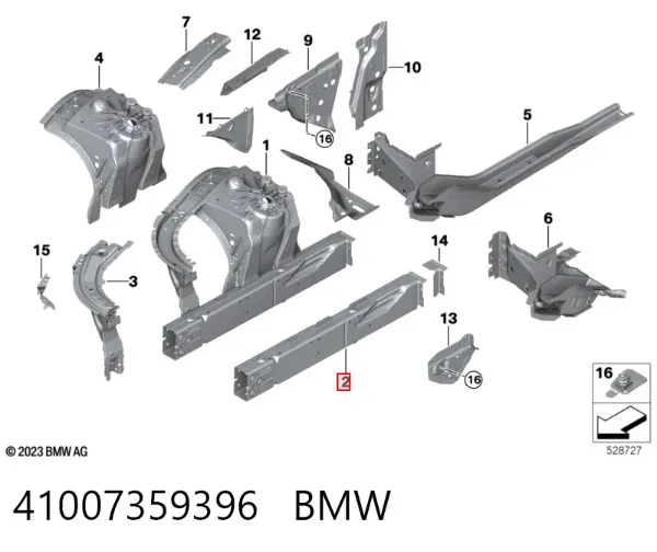 Longarina de chassi dianteira direita 41007359396 BMW