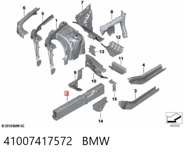 Longarina de chassi dianteira direita 41007417572 BMW