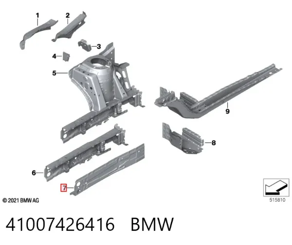Longarina de chassi dianteira direita 41007426416 BMW