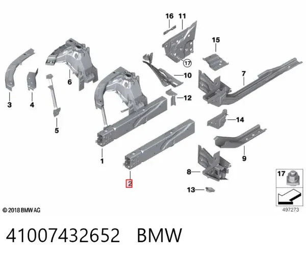 Longarina de chassi dianteira direita 41007432652 BMW
