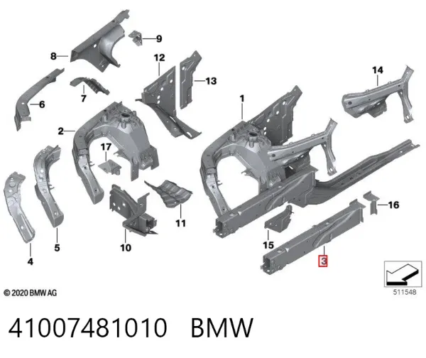 Longarina de chassi dianteira direita 41007481010 BMW