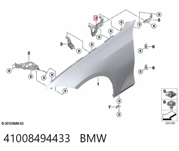Consola traseira de fixação do pára-lama dianteiro esquerdo 41008494433 BMW
