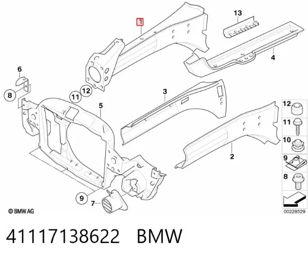 Longarina de chassi dianteira direita 41117138622 BMW