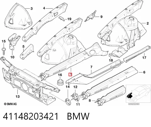 Longarina de chassi dianteira esquerda 41148203421 BMW