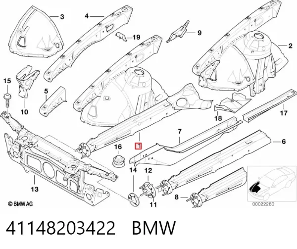 Longarina de chassi dianteira direita 41148203422 BMW