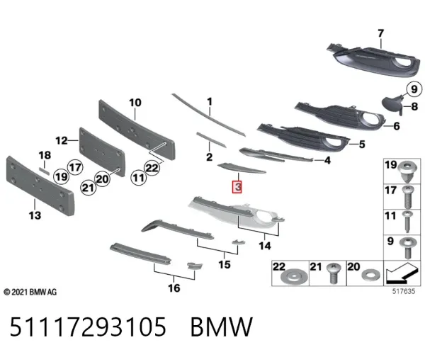 Moldura esquerda de grelha do pára-choque dianteiro 51117293105 BMW
